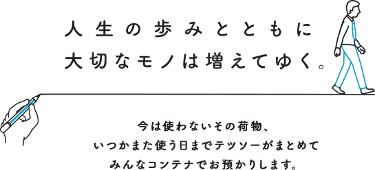 人生の歩みとともに大切なモノは増えてゆく。今は使わないその荷物、いつかまた使う日までテツソーがまとめてみんなコンテナでお預かりします。