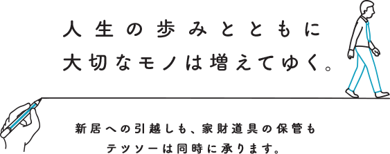 人生の歩みとともに大切なモノは増えてゆく。新居への引越しも、家財道具の保管もテツソーは同時に承ります。